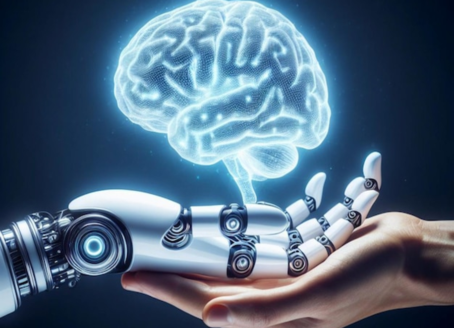 a robot hand and human hand overlapping, together holding a transparent brain