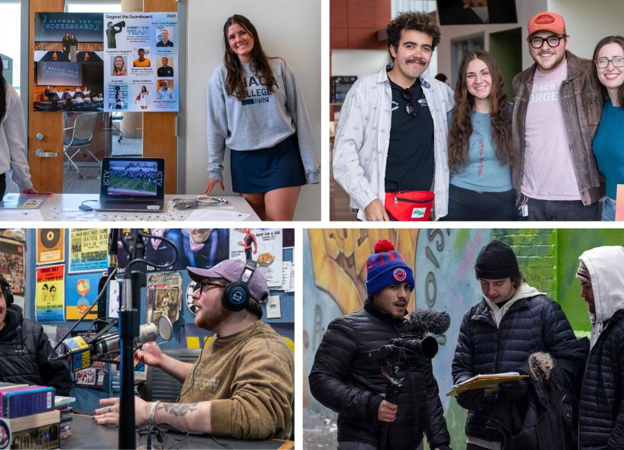 Collage of MBA student activities, such as marketing, podcasting, and filmmaking