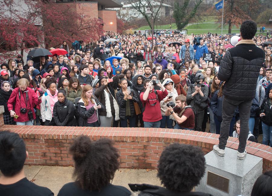 Students protesting at Freedom Rock in 2015