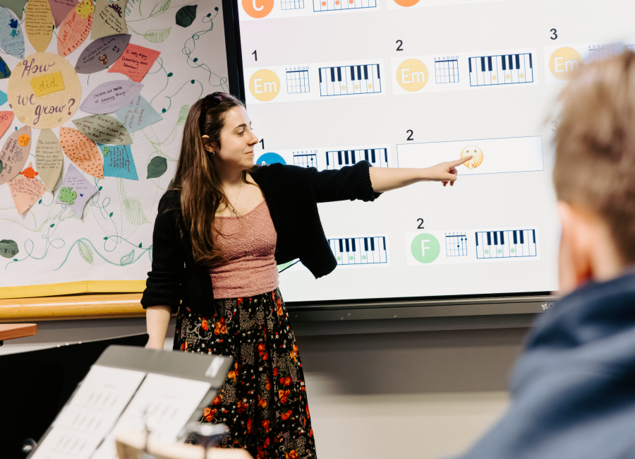 A student teacher in front of a whiteboard