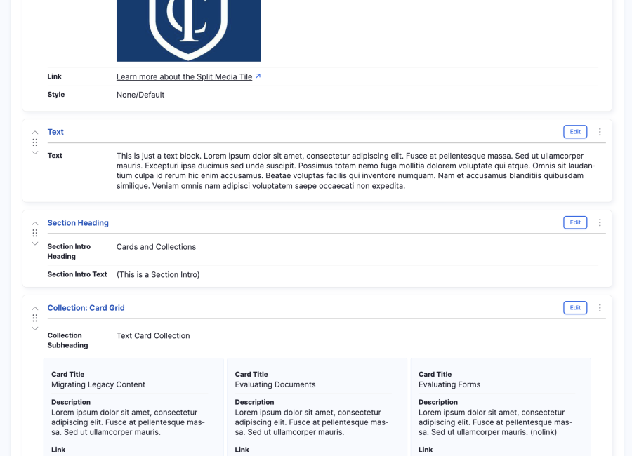The backend editing interface with updated styles to improve at-a-glance legibility of content. 