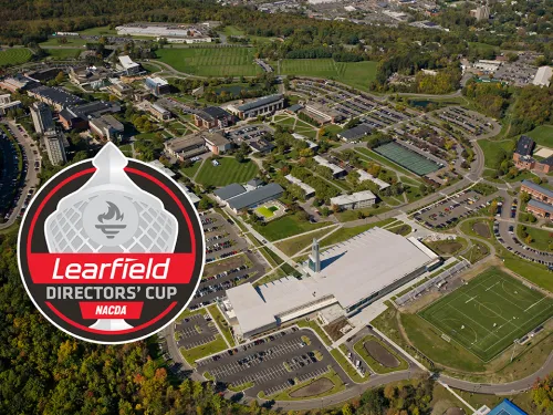 Learfield Directors' Cup Logo over an aerial of the Ithaca College campus