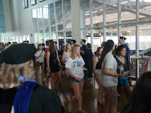 Students walking into Convocation