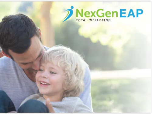 father and son hugging with NexGen Eap text