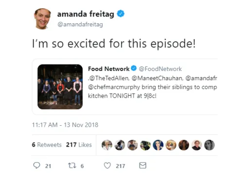 Screenshot of an Amanda Freitag tweet about "Chopped"