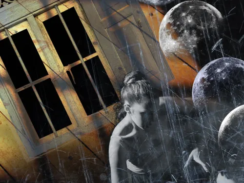 Graphic with a window, a dancer, and three moons