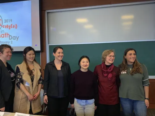 (From: left to right): Laura Schoenle, Rachel Lee '14 , Saramoira Shields, Shu Tan, Ayda Yurekli, Samantha Torres '19 at Women in Math day.