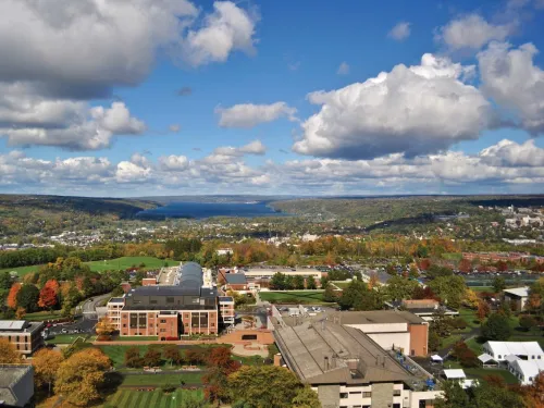 A drone image of campus
