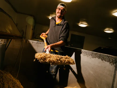 A man with a shovel full of barley