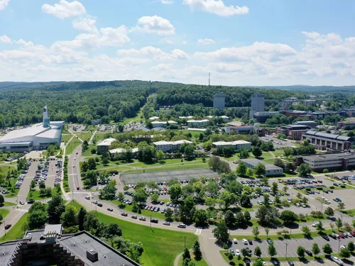 aerial photo of college campus