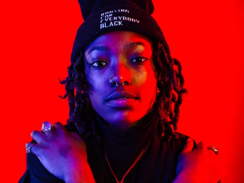 artistic image of a woman with a red background