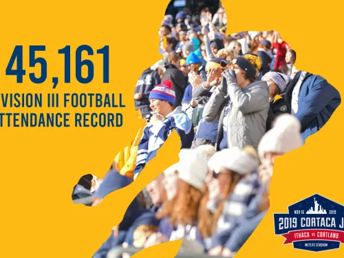 Photo of a crowd cheering inset in the shape of a football player