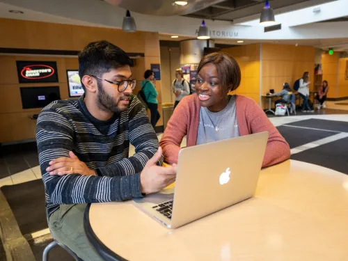 Two students working at a laptop