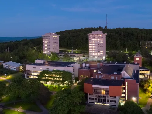 aerial shot of the Towers lit up at night