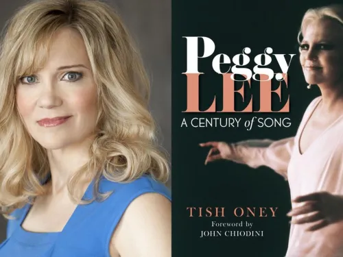 Pictures of smiling woman and book cover with standing woman