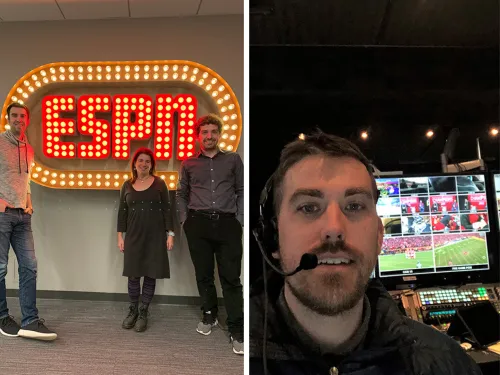 Cote, Greenfield, and Vorensky pose in front of an ESPN sign, Jahn in Control room