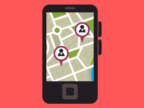 a graphic design of a smart phone showing GPS navigations against a red background.