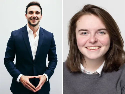 Headshots of Anthony Adornato and Megan McElroy