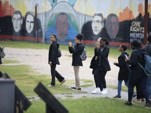 Students visit the Civil Rights Memorial at the Edmund Pettus Bridge