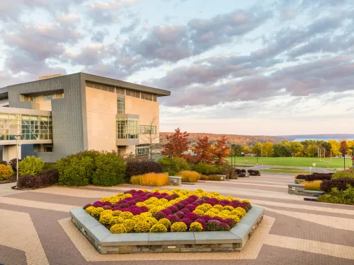 campus building and mums that spell IC