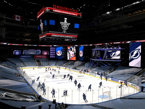 Two hockey teams warming up