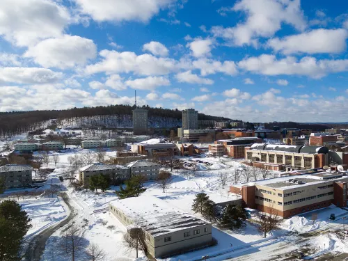 aerial of campus in winter