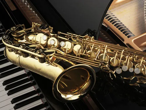 Saxophone on top of a piano