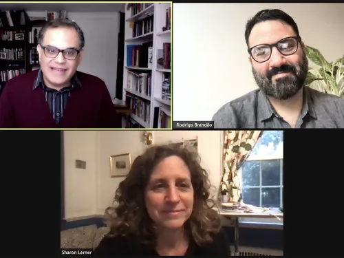 Zoom screenshot of Raza Ahmad Rumi, Rodrigo Brandão ’01, and Sharon Lerner  
