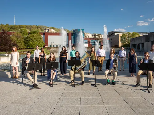 students around fountain