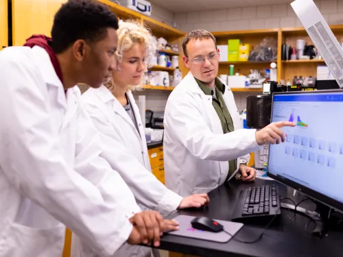 Students in pre med looking at a computer screen while a professor points to the screen.