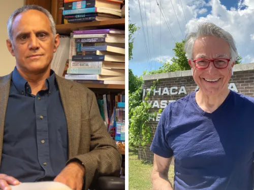 Combined image with a photo of Professor Jonathan Ablard sitting in an office and photo of Professor Stewart Auysash standing outside