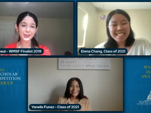 Zoom screenshot of the Washington Media Scholars Foundation award ceremony, featuring 2019 finalist Ritika Agwaral, IC student Elena Chang, and her competition partner Yanelis Funez.