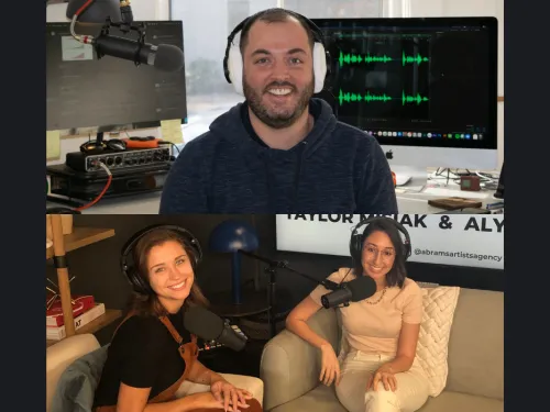 Jeff Umbro and Taylor Misiak on the sets of their podcasts