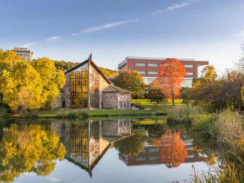 Across the pond to Muller Chapel in the fall