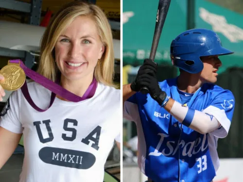 Meghan Musnicki holding up a gold medal; Jake Rosenberg at the plate