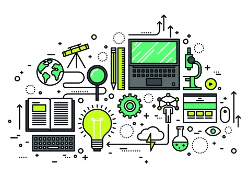 A graphic image of several STEM pictures: A book, globe, lightbulb, computer, microscopes, and beakers