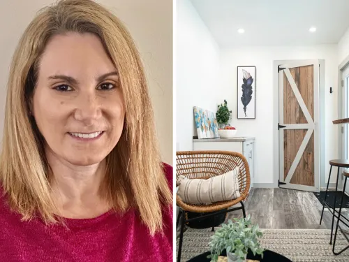 Headshot of Rory Rubin and the Interior of one of her shipping containers