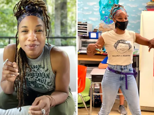 Headshot of Nia Nunn and a photo of her standing with a mask on 