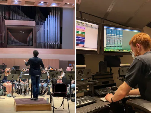 Conductor in front of an orchestra, and a student in front of a computer