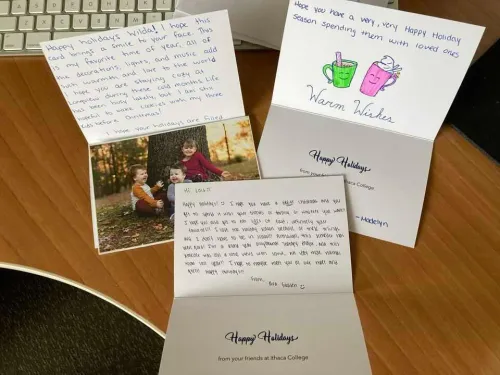 Several holiday cards on a desk