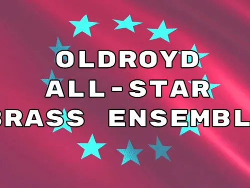 Banner with stars and text overlay reading Oldroyd All-Star Brass Ensemble
