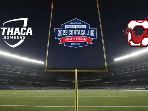 Image of a Football field, with Ithaca, Cortland, and Cortaca logos