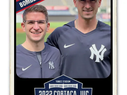 Joe Bello and Tim Locastro on a card saying Bombers in the Bigs.