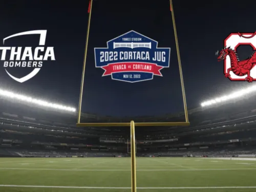 Cortaca Jug Logo showing IC and Cortland logos on a football field