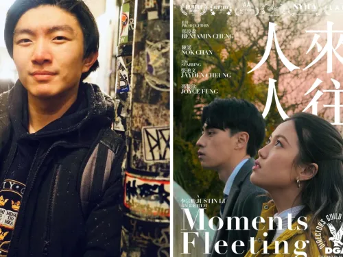 Headshot of Justin Li and movie poster showing two actors