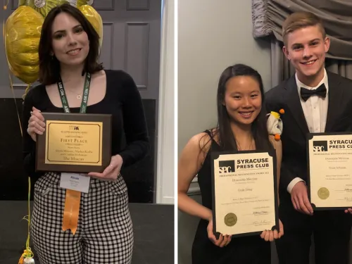 Alexis Monroe and Emily Hung and Grant Johnson holding awards