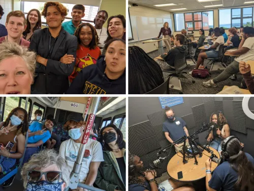 Canva of four photos showing students on campus