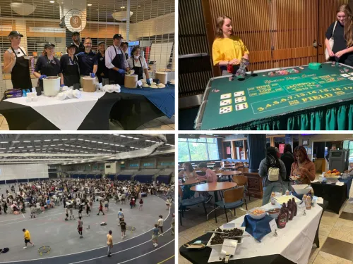People scooping ice cream, at Casino night, and at the org fair