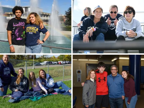 Families posing for pictures in front of the fountains, outside, and inside