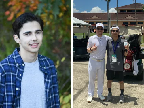 Headshot of Roberts and Roberts standing next to a golfer